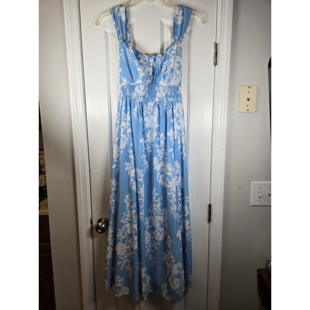 Grace Karin Blue White Floral Maxi Dress Smocked Medium Cottagecore Babydoll